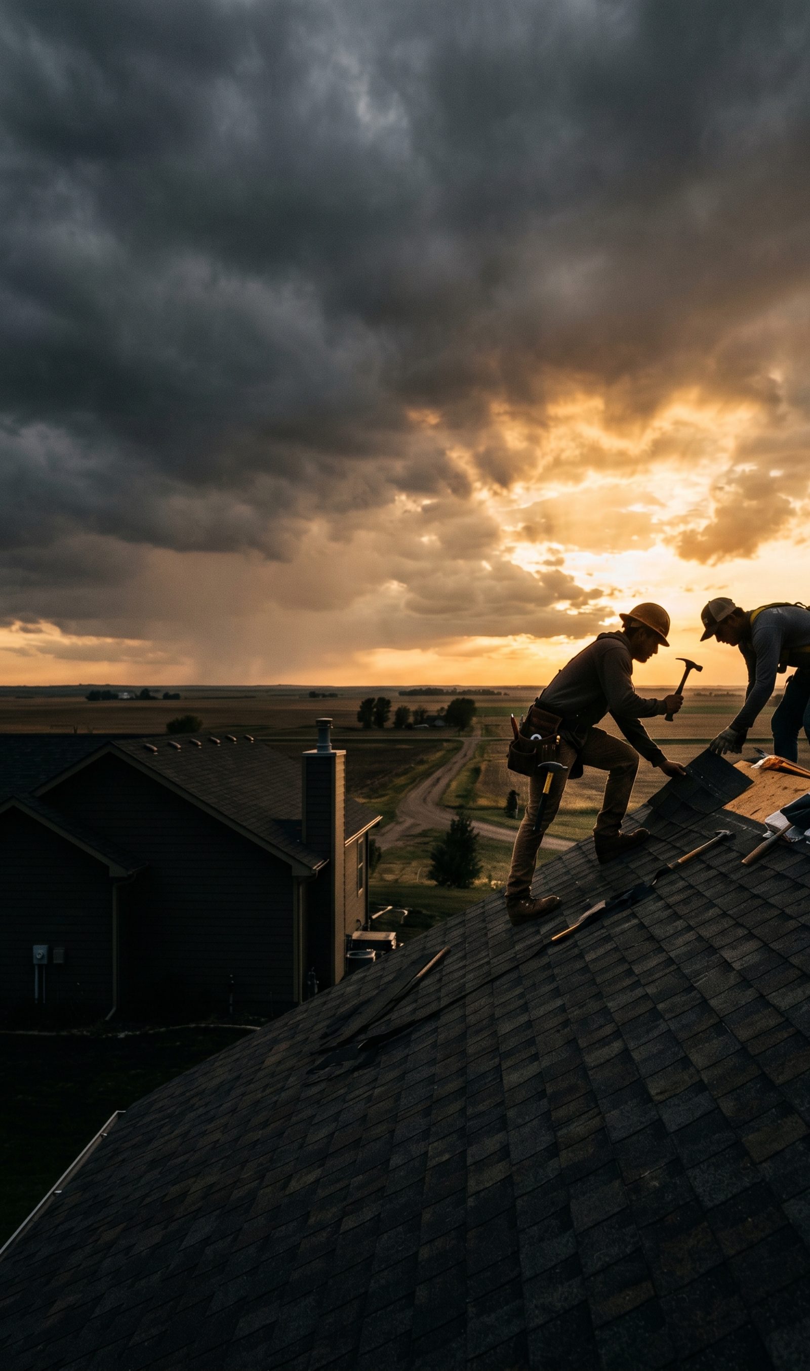 Whitney Roofing crew silhouetted on a rooftop at golden hour
