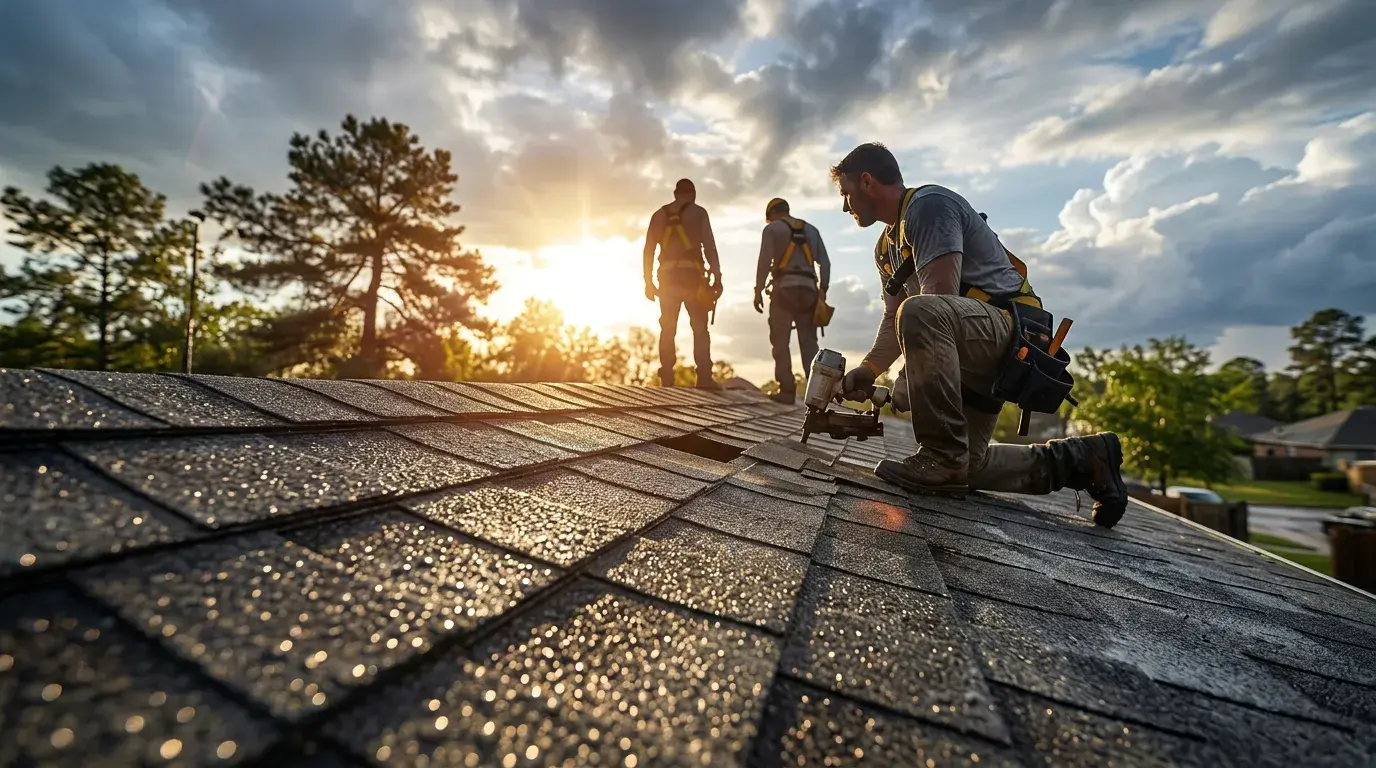 Whitney Roofing crew installing shingles at golden hour, nail gun in hand