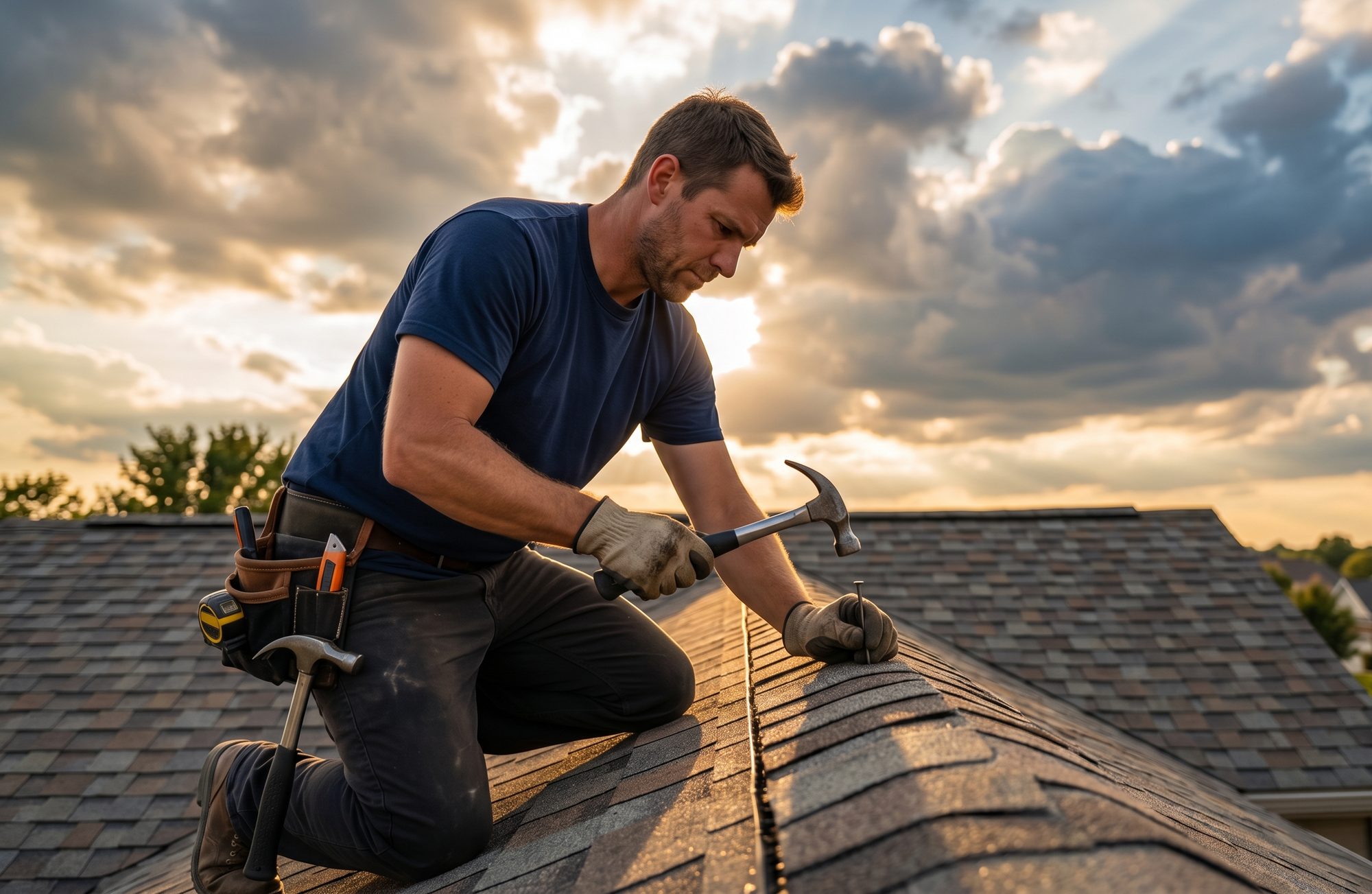 Whitney roofer kneeling on a residential roof installing ridge cap shingles at golden hour