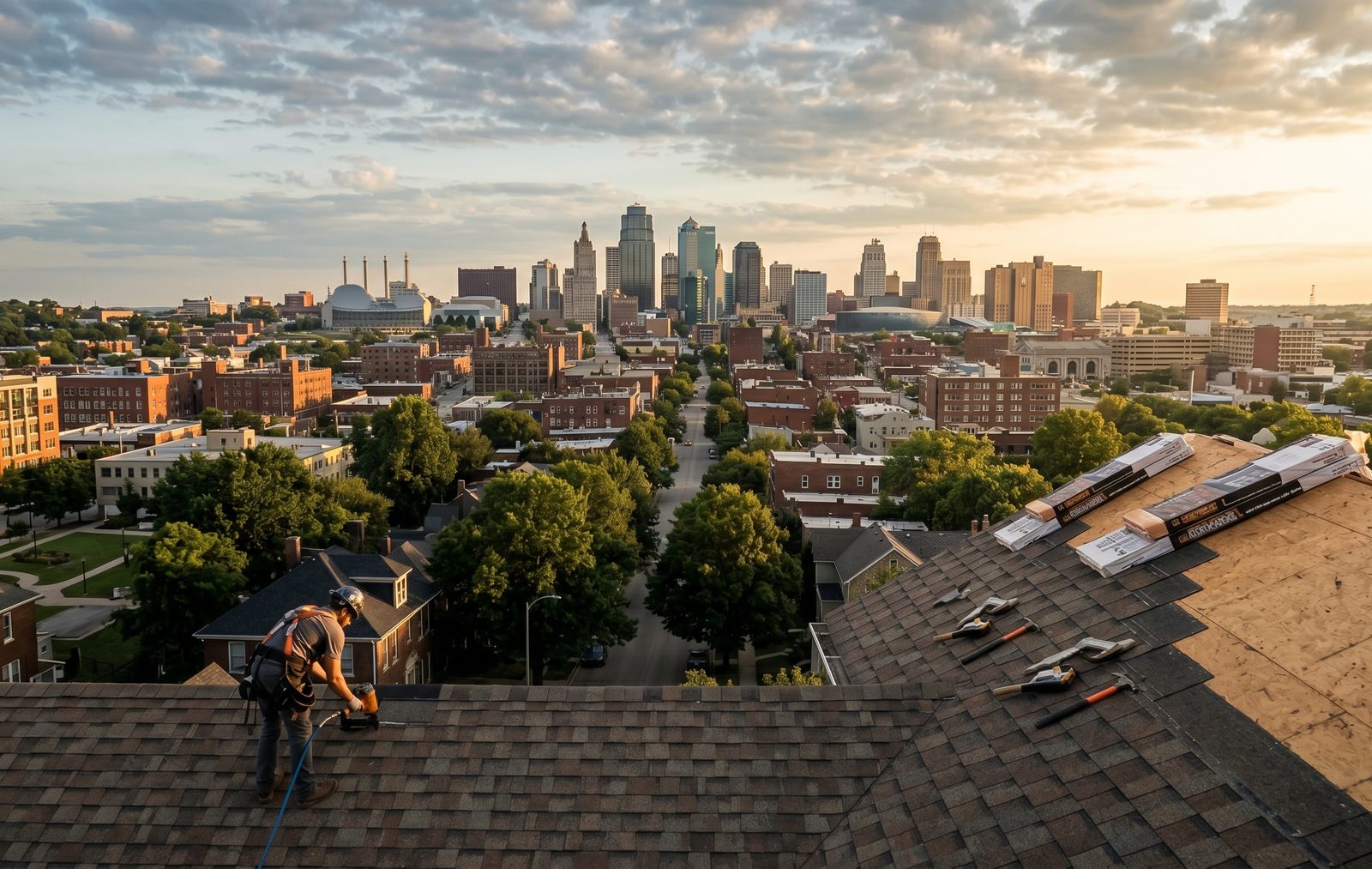 Kansas City skyline at golden hour with freshly shingled residential rooftop in the foreground