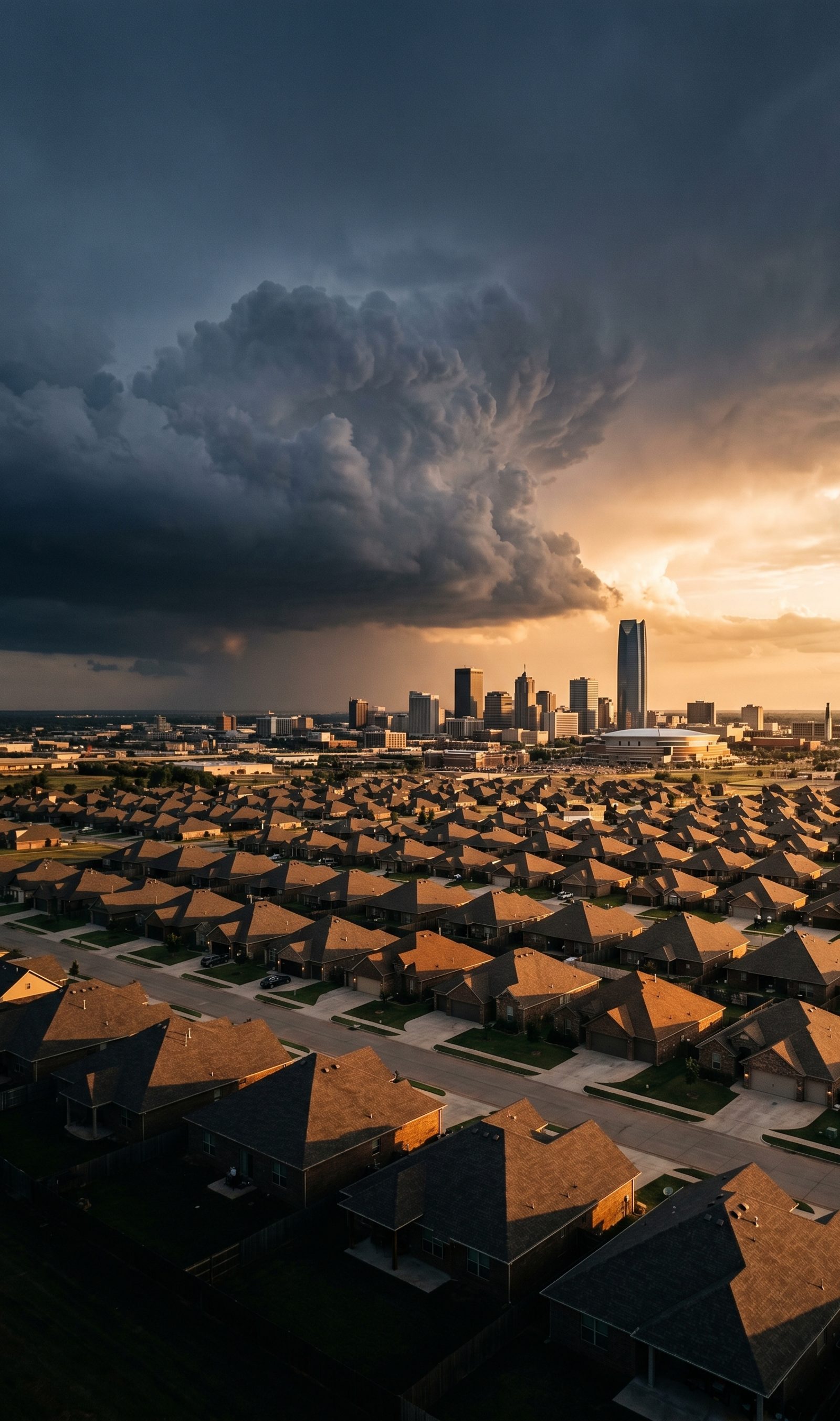 Oklahoma City skyline at dusk with storm clouds building over suburban rooftops